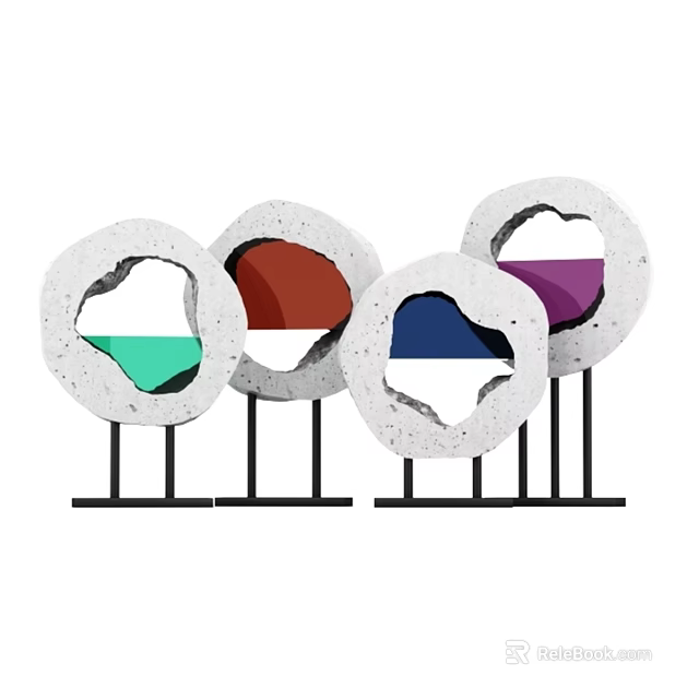 Modern Decorative Ornament Set with Circular Design Colorful Sections and Black Stands 3d model 