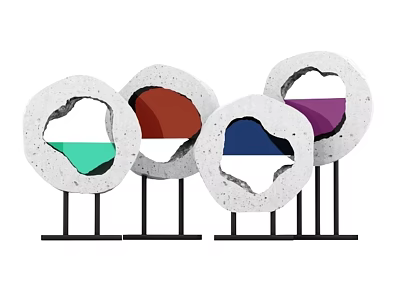 Modern Decorative Ornament Set with Circular Design Colorful Sections and Black Stands 3d model
