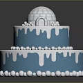 Two Tiered Blue And White Cake With Dripping Frosting Dome Top And Ball Decorations