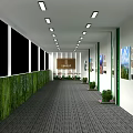 Modern Office Corridor With Green Plant Walls Lighting Artworks And Gray Carpet