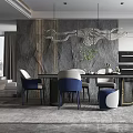 Modern Restaurant Interior With Blue Chairs Gray Wall Decor Pendant Lights And Dining Table