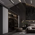 Elegant Bedroom Interior With Dark Marble Accent Wall Plush Bed And Leather Chair