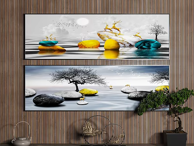 Minimalist Modern Wall Art Paintings Featuring Stones Trees Moon And Birds 3d model