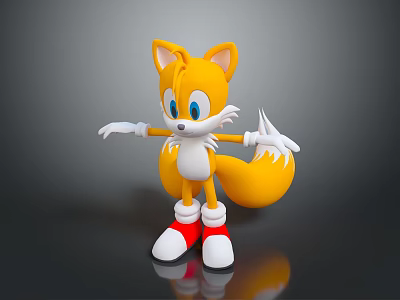 Yellow Fox Game Character With Two Tails White Gloves And Red Shoes 3d model