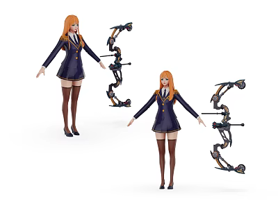 Game Movie Character Orange Haired Female in Uniform With Mechanical Bow and Thigh Highs 3d model