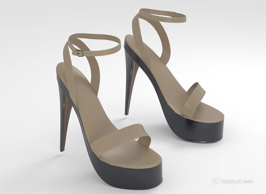 Women's High Heels with Stiletto Heels Platform Soles Beige Uppers and Ankle Straps 3d model 