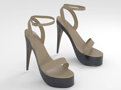 Women's High Heels with Stiletto Heels Platform Soles Beige Uppers and Ankle Straps 3d model