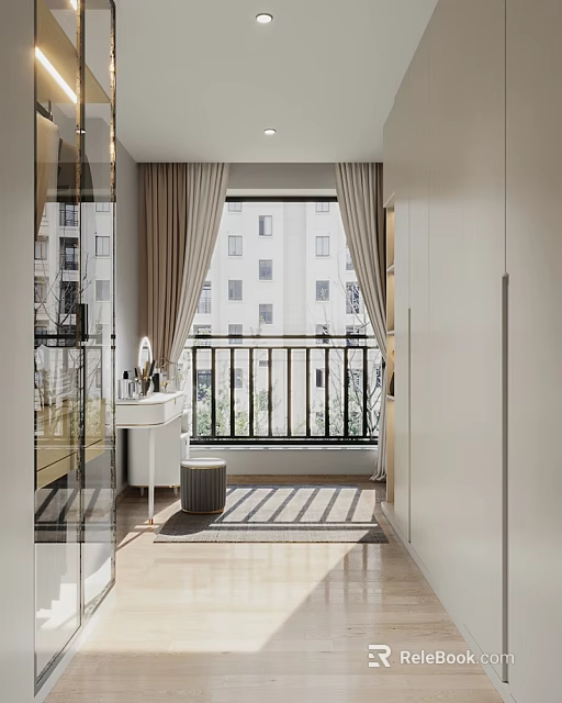 Modern Walk in Closet With Natural Light Dressing Table and Stool 3d model