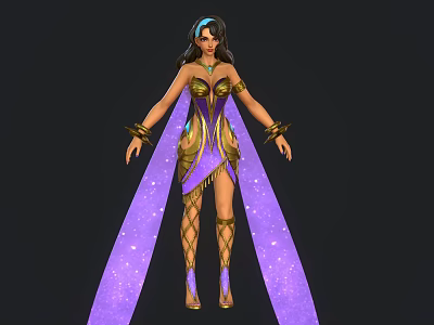 Female Game Movie Character In Elegant Purple Cape Gold Accented Bodysuit And Arm Cuffs 3d model