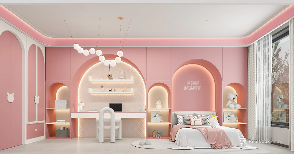 Kid's Room With Pink Walls Arched Designs Round Bulb Chandelier Desk Chair And Stuffed Bear 3d model 