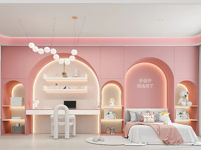 Kid's Room With Pink Walls Arched Designs Round Bulb Chandelier Desk Chair And Stuffed Bear 3d model