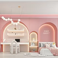 Kid's Room With Pink Walls Arched Designs Round Bulb Chandelier Desk Chair And Stuffed Bear