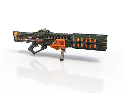 Futuristic Sci Fi Weapon With Green And Orange Design And Multi Barrel Structure 3d model