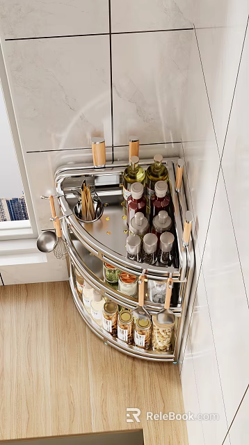 Stainless Steel Kitchen Corner Rack With Spice Bottles Chopstick Holder And Spoon 3d model 
