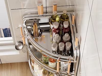 Stainless Steel Kitchen Corner Rack With Spice Bottles Chopstick Holder And Spoon 3d model