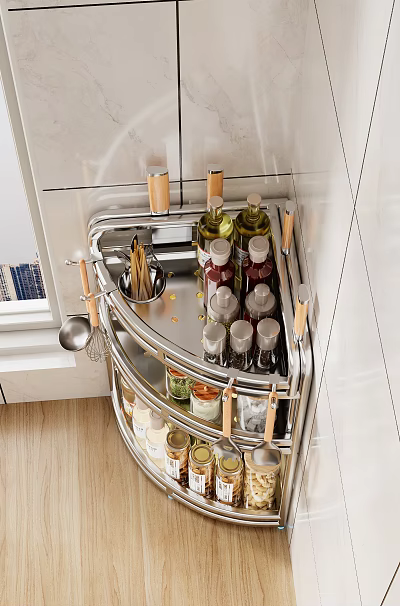Stainless Steel Kitchen Corner Rack With Spice Bottles Chopstick Holder And Spoon 3d model