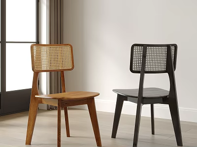 Wooden and Black Dining Chairs with Rattan Backrest in Modern Interior Design 3d model