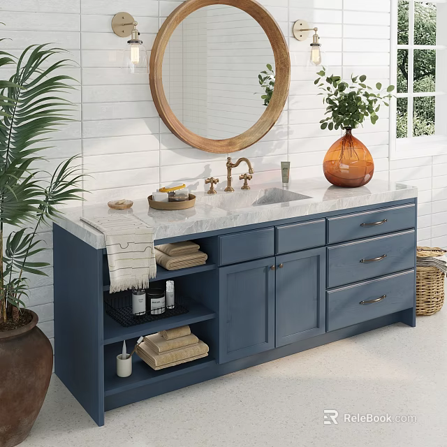 Blue Bathroom Vanity with Marble Countertop Round Mirror Brass Faucet and Potted Plant Storage 3d model 