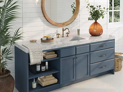 Blue Bathroom Vanity with Marble Countertop Round Mirror Brass Faucet and Potted Plant Storage 3d model
