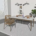 Wooden Dining Table Set With Woven Chairs Pendant Lights And Green Plant In Bright Room