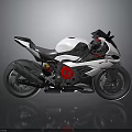 White And Black Sport Motorcycle With Carbon Fiber Components And Red Engine