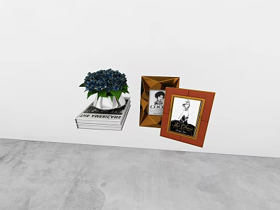 White Vase With Dark Blue Hydrangeas On Books And Brown Red Photo Frames 3d model
