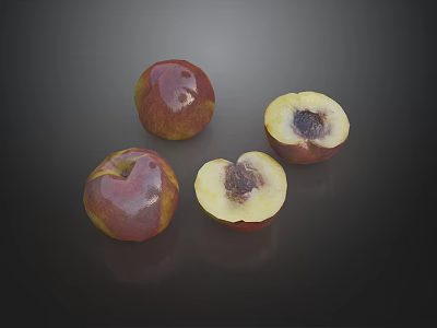Fresh Peaches Whole and Halved Display on Dark Background with Juicy Flesh 3d model