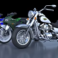 Three Different Motorcycles in Blue White Green and Silver with Classic and Sporty Designs