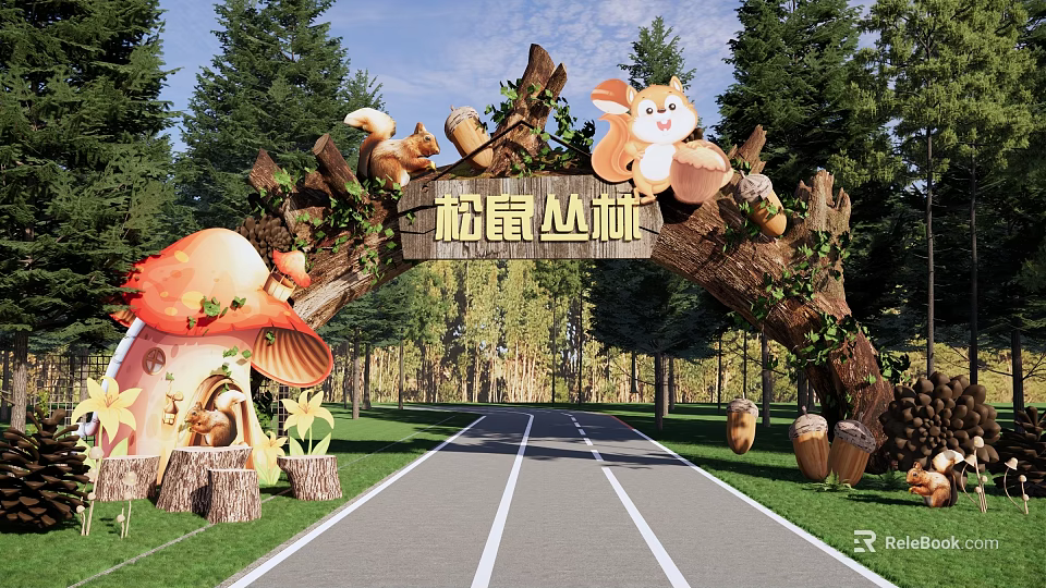 Squirrel Jungle Themed Entrance Gate With Sculptures Mushroom House And Green Trees 3d model 