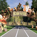 Squirrel Jungle Themed Entrance Gate With Sculptures Mushroom House And Green Trees