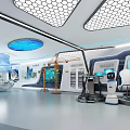 Modern Tech Exhibition Hall Interior With City Model Digital Displays Curved Design And Blue Lighting