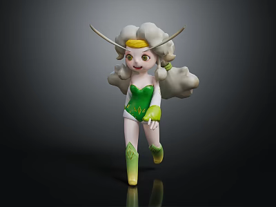 3D Model Fantasy Game Movie Character With Golden Horns Yellow Hair Green Leotard Cloud Decorations 3d model