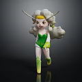 3D Model Fantasy Game Movie Character With Golden Horns Yellow Hair Green Leotard Cloud Decorations