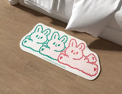 Cute Three Rabbit Shaped Decorative Carpet with Green Red Patterns for Bedroom Floor 3d model