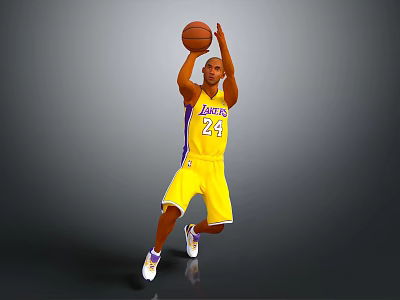 A Man Wearing Yellow Number 24 Jersey Shooting Basketball Against Grey Background 3d model