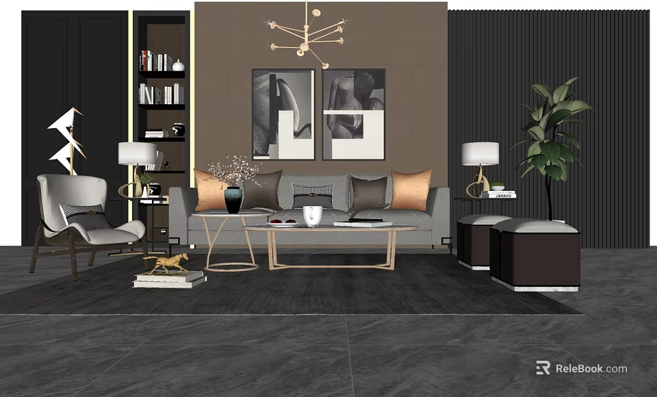 Modern Gray Sofa Coffee Table Set With Throw Pillows Side Tables Wall Art 3d model