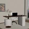 Modern Desk and Chair Set with Laptop Vase Plant White Stool Decorative Painting City View