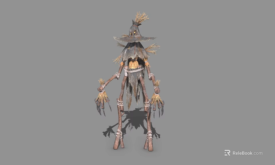 3D Designed Scarecrow Game and Movie Character With Straw Head Tattered Clothing and Long Limbs 3d model 