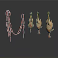 Fresh String of Sausages and Hanging Raw Chicken as Culinary Ingredients on White Background