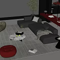 Modern Living Room With Gray L shaped Sofa Coffee Table Set And Red Ottoman