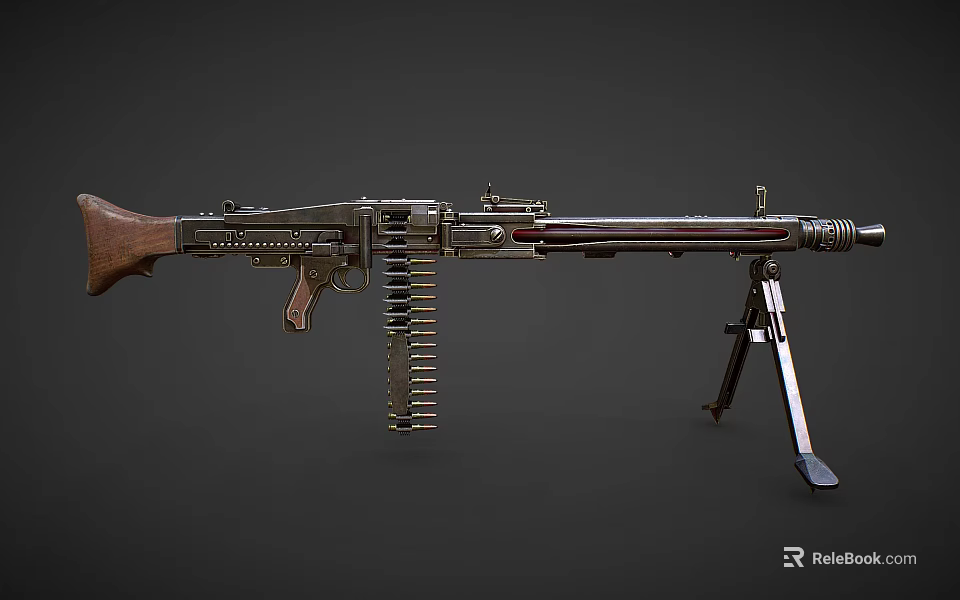 Vintage Machine Gun With Wooden Stock Metal Barrel Ammunition Chain And Tripod Stand 3d model 