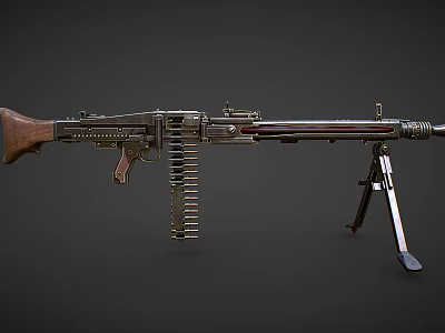 Vintage Machine Gun With Wooden Stock Metal Barrel Ammunition Chain And Tripod Stand 3d model