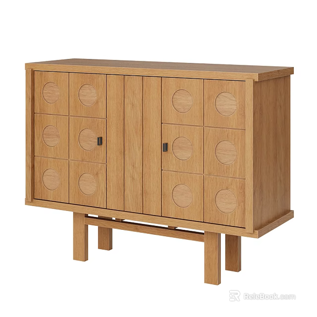 Modern Natural Oak Wood Storage Chest With Stylish Circular Embossed Door Panels For Home Organization 3d model 