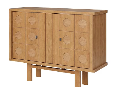 Modern Natural Oak Wood Storage Chest With Stylish Circular Embossed Door Panels For Home Organization 3d model