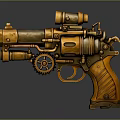 Steampunk Pistol With Brass Metallic Body Wooden Grip Gear Mechanism And Telescopic Scope