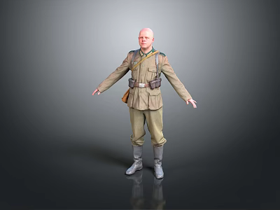 Man in military uniform with belt and boots standing with arms outstretched on gray background 3d model
