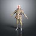 Man in military uniform with belt and boots standing with arms outstretched on gray background