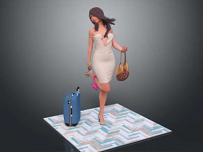 Elegant Woman In Beige Dress Holding Brown Handbag Near Blue Suitcase On Geometric Patterned Carpet 3d model