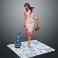 Elegant Woman In Beige Dress Holding Brown Handbag Near Blue Suitcase On Geometric Patterned Carpet