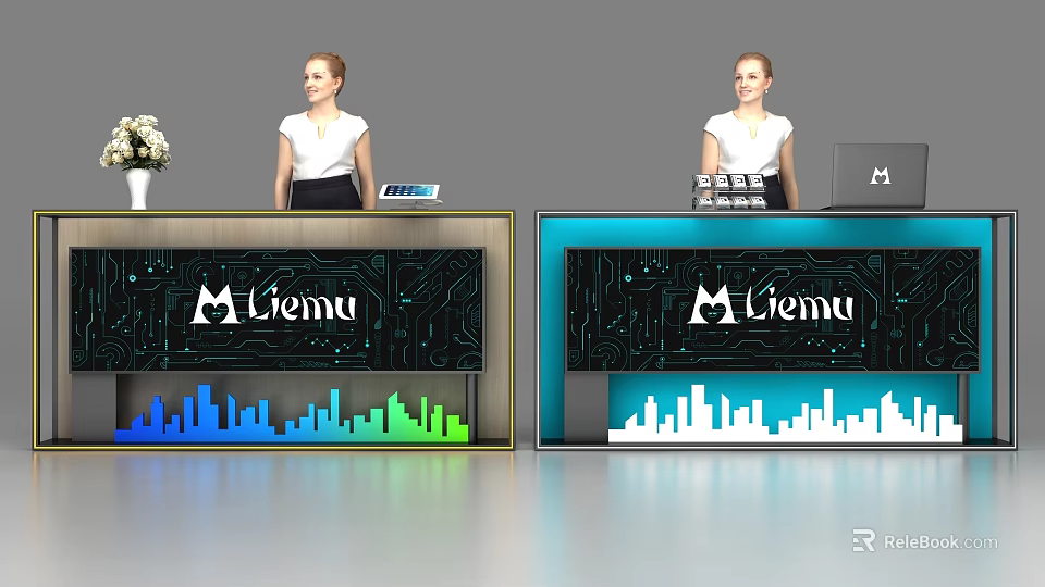 Liemu Modern Reception Desk With Circuit Board Design And City Skyline Staff 3d model 